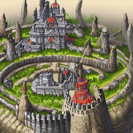 Image similar to Detailed digital illustration close up view on medieval castle fly in the sky Akira Toriyama and Blizzard Concept Artists