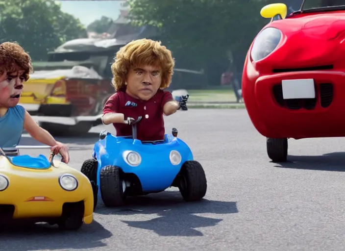 Image similar to peter dinklage racing gary coleman driving a little tikes cars, movie still, from the new fast and furious movie, 8 k, realistic