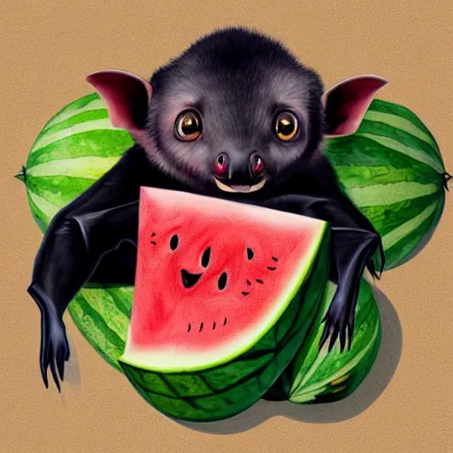 Prompt: cute kawaii realistic fruit bat eats a watermelon piece, digital art, high quality, illustration, art, detailed, 3 d render, by sydney hanson, sticker,