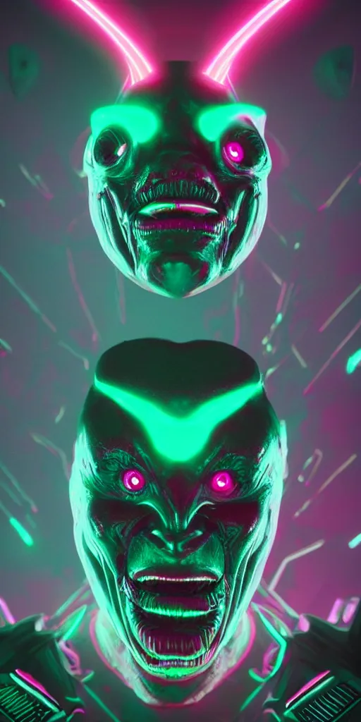 Image similar to synthwave demonic alien face with neon horns, detailed face, sharp focus, synthwave art, aesthetic, octane render, raw, cinematic