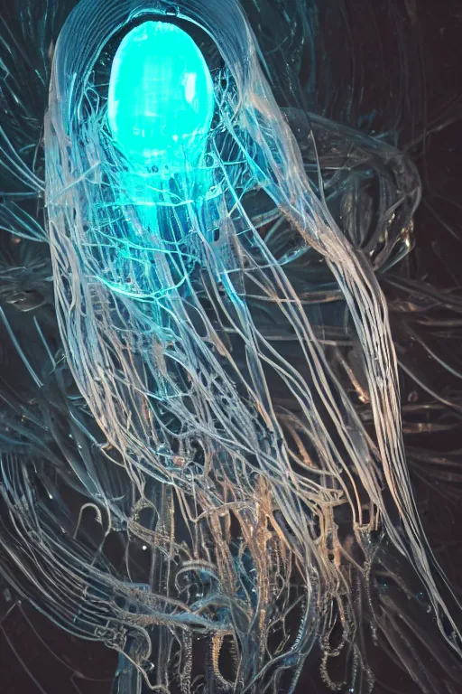 Prompt: 8 k photography cyborg deep - sea ribbon jellyfish shark egg swirling around subsurface scattering shiny translucent, wide shot, futuristic, light shafts, hyperrealistic, highly detailed and intricate, ornate, luxury, elite, horror, creepy, ominous, haunting, cinematic, smoky, atmospheric