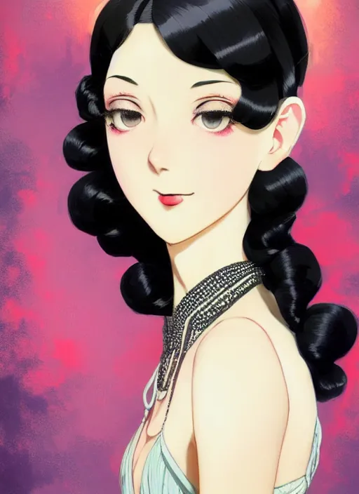 Image similar to a beautiful girl with black hair in 1920's fashion, ballroom background, intricate, highly detailed, digital painting, artstation, official media, anime key visual, concept art, rich vivid colors, ambient lighting, sharp focus, illustration, art by Artgerm, Makoto Shinkai, Ilya Kuvshinov, Lois Van Baarle, and Rossdraws