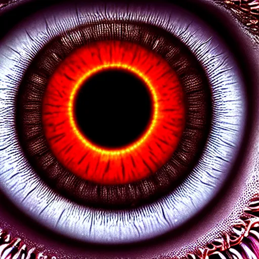 Image similar to a detailed extremely close up of inside the iris, cornea, red image, microscopic, extremely close up drawing by junji ito, cgsociety, generative art, lovecraftian, parallax, cosmic horror, extremely detailed, hyperrealism, unreal engine, octane render, award winning, masterpiece, highly detailed, realistic, 4 k, digital