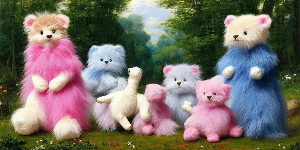 Prompt: 3 d precious moments plush animal with realistic fur and a blue / white / gray / green / pink / tan / mid pink / blue gray color scheme, landscape with blue / white / gray / green / pink / tan / mid pink / blue gray color scheme palette, master painter and art style of john william waterhouse and caspar david friedrich and philipp otto runge