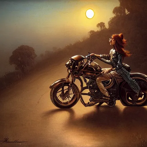 Image similar to a detailed painting of a cute caracal riding a harley davidson motorcycle with a girl. movie scene, cinematic scene, sunset, road. by beksinski and carl spitzweg and tuomas korpi. baroque elements. baroque element. intricate artwork by caravaggio. oil painting. award winning. trending on artstation. 8 k