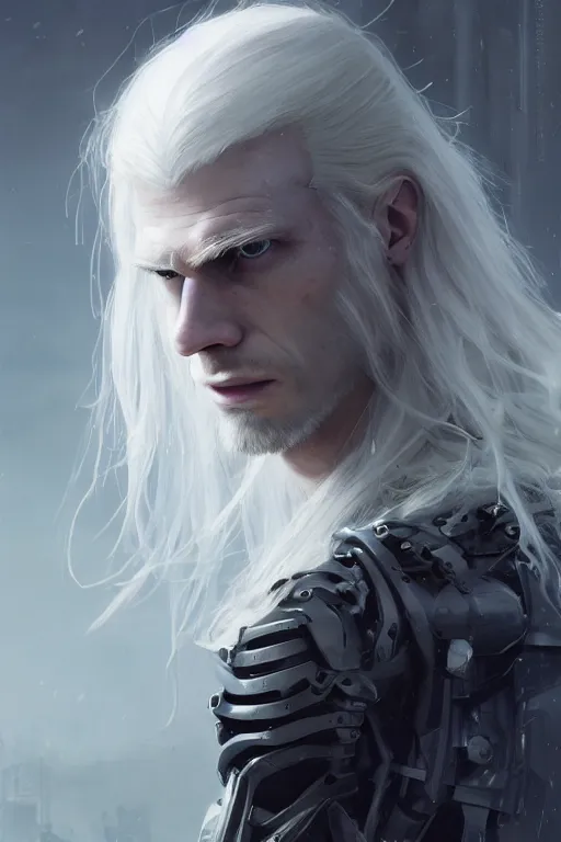 Prompt: a fancy portrait of a male cyborg with long white hair and pale skin with joints still visible by greg rutkowski, sung choi, mitchell mohrhauser, maciej kuciara, johnson ting, maxim verehin, peter konig, bloodborne, 8 k photorealistic, cinematic lighting, hd, high details, dramatic, dark atmosphere, trending on artstation