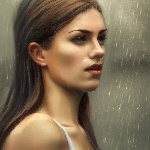 Prompt: a beautiful toned woman in rain, aesthetic, oil painting, pale colors, high detail, 8 k, wide angle, trending on artstation,