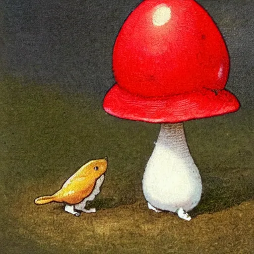 Image similar to toadstool with a fried egg cap. illustation by beatrix potter