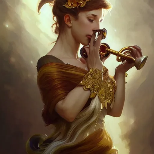 Image similar to a strange blowing horn, d & d, fantasy, intricate, elegant, highly detailed, digital painting, artstation, concept art, smooth, sharp focus, illustration, art by artgerm and greg rutkowski and alphonse mucha