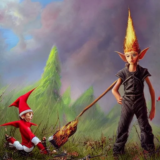 Prompt: a skinny high-fantasy elf with a long narrow face and spiky blonde hair wearing dark brown overalls and holding a firecracker standing next to a destroyed car, painting by Ed Binkley