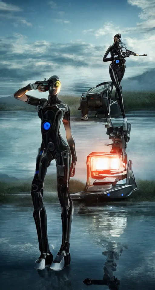 Prompt: a decadent futuristic sportscar designed by pinifarina and female robot holding a bazooka at a lake in ancient greece, hdr, hyperrealistic, photorealistic, bokeh, volumetric lighting, sunrise background, production i. g. studios style