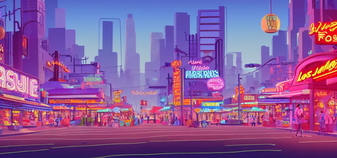 Prompt: futuristic main street los angeles cityscape with markets and shops and neon signs and terraces, visual development by lou romano, daylight, pixar, dynamic lighting, octane