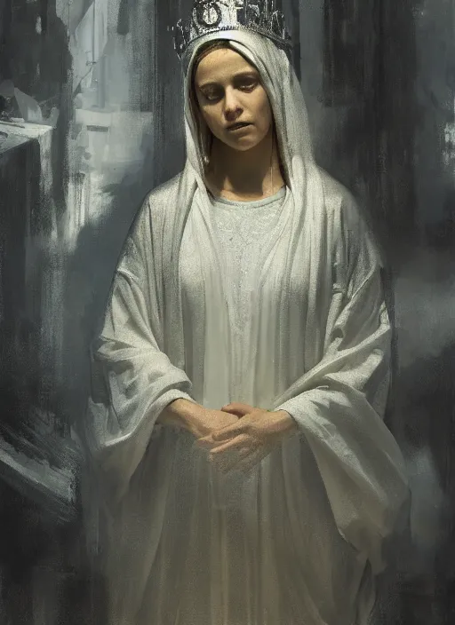 Prompt: portrait of the Virgin Mary wearing glowing silver robes with a crown of Laurel above her head that looks as though a portal to the sky, by Jeremy Mann, stylized, detailed, realistic, loose brush strokes, intricate, beautiful, flowing, soft lighting