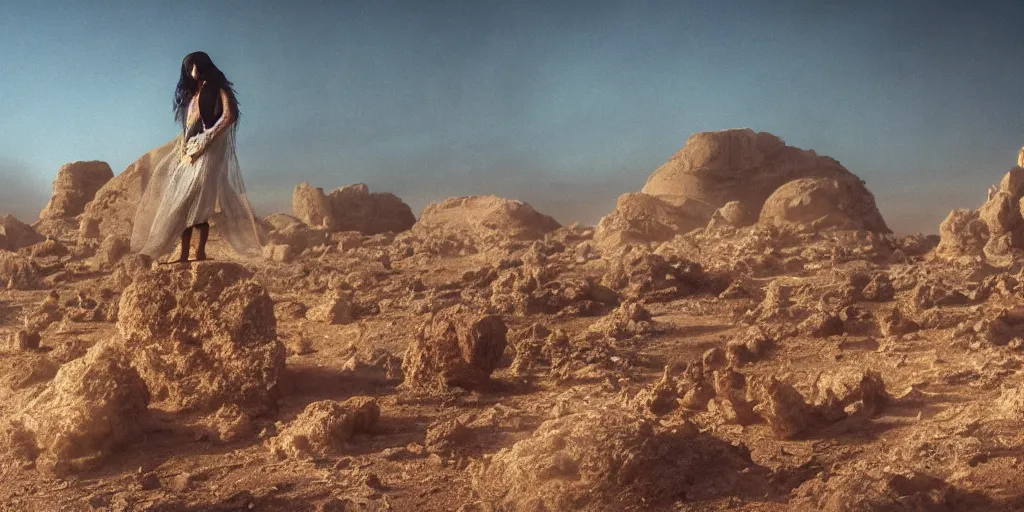 Prompt: levitating ghost veiled silhouette with full - face golden bright glowing reflective mask in a dry rocky desert landscape with abandoned city beneath the sand, visible sky and sunny atmosphere, floating rocks, flying rocks and fata morgana and giant mirrors by alejandro jodorowsky, anamorphic lens, kodakchrome, practical effects, masterpiece, 8 k