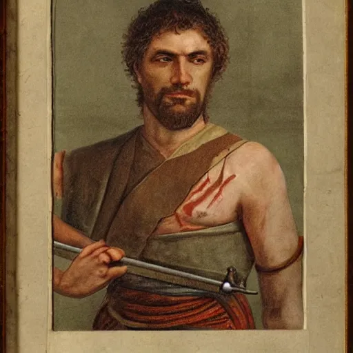 Image similar to self portrait, roman man with battle scar on his chest holding his sword on his shoulder, pencil art, detailed, handsome, colored, bloody