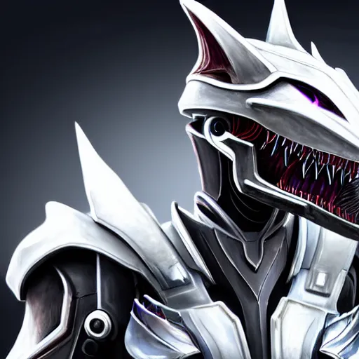 Image similar to high quality close up headshot of a cute beautiful stunning robot anthropomorphic female dragon, with sleek silver armor, a black OLED visor over the eyes, looking at the camera, maw open and about to eat you, you being dragon food, the open maw being detailed and soft, highly detailed digital art, furry art, anthro art, sci fi, warframe art, destiny art, high quality, 3D realistic, dragon mawshot, dragon art, Furaffinity, Deviantart