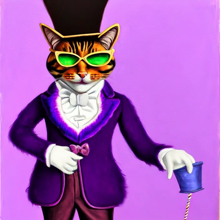 Prompt: an anthropomorphic purple male cat fursona dressed as willy wonka, furry, oil on canvas, soft colors, cute