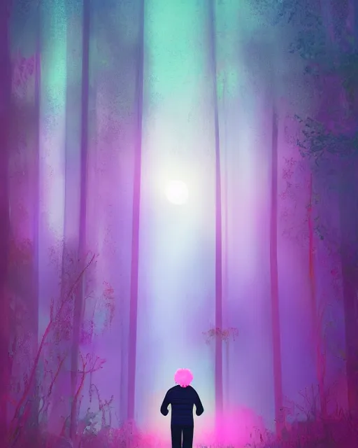 Prompt: man with pink glowing afro wearing disco jacket, standing in atmospheric spring forest at night, high contrast photoshop digital painting, realistic shading, beautiful moon lighting, best of artstation 4 k