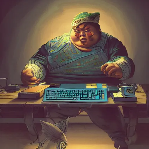 Image similar to an insanely detailed painting of a chubby asian man wearing a homemade superhero costumed, sitting at a computer desk typing on the keyboard, in the style of peter mohrbacher, dramatic lighting and composition, trending on artstation, concept art, comic book, graphic novel