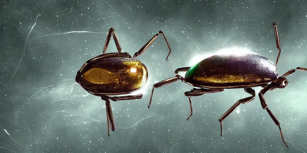 Image similar to lightning bug descendant 1 million in the future is a quadruped with big eyes with rgb ambient lighting ( bug ). the bug wears a spacesuit, and explores the cosmos in a bug - shaped spaceship. science fiction blockbuster movie bugs save the planet or the love bug from saturn, dramatic lighting, interstellar film ( 2 0 1 4 )