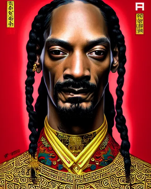 Image similar to portrait of snoop dogg, machine face, upper body, decorated with chinese opera motifs, asian, traditional chinese art, intricate, elegant, highly detailed, digital painting, artstation, concept art, smooth, sharp focus, illustration, art by artgerm and greg rutkowski and alphonse mucha, 8 k