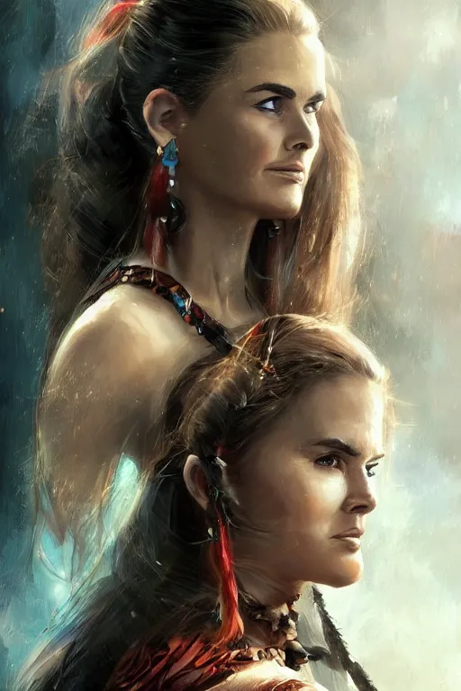 Image similar to mix of beautiful young maria shriver, mariel hemmingway, brooke shields, nicole kidman and elle macpherson as a young amazon warrior, thin lips, hair tied up in a pony tail, dark blonde hair, colorful, artstation, cgsociety