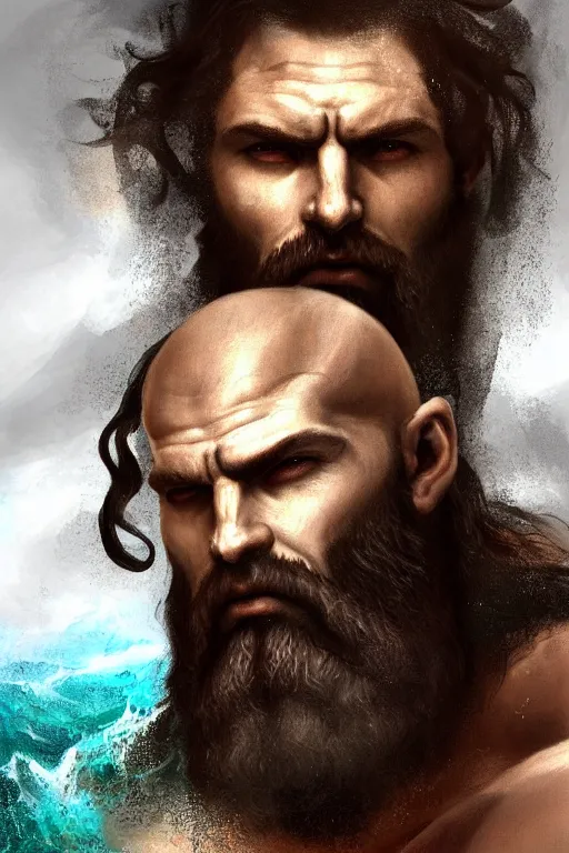 Prompt: painted portrait of rugged godly man in the ocean, god of war, black hair, masculine, powerful, handsome, upper body, white robe, muscular, extremely hairy torso!, fantasy, intricate, highly detailed!!, digital painting!, artstation, concept art, smooth, sharp focus!!!, illustration, art by leonardo da vinci