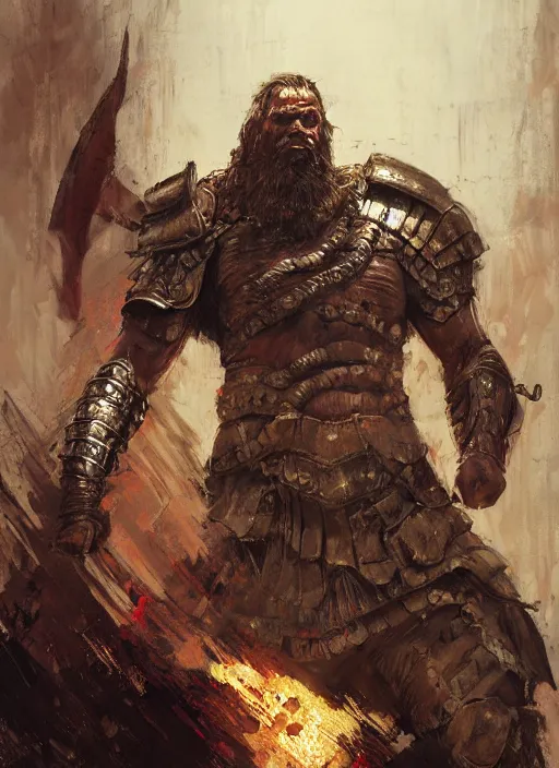 Image similar to ancient historically accurate depiction of the Bible Character Goliath of Gath, the Philistine warrior giant in ancient persian chainmail armor, dramatic lighting art by Yoji Shinkawa by Richard Schmid by greg rutkowski by Sandra Chevrier by Jeremy Lipking cinematic dramatic