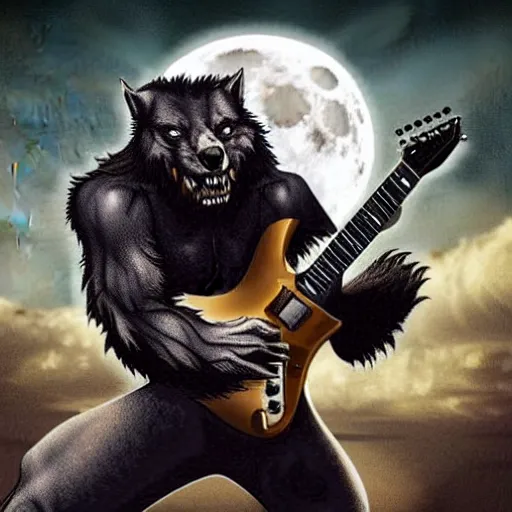 Image similar to a fearsome werewolf holding an electric guitar in the other a full moon shies behind him, dark, nighttime, gothic, cinematic scene, super detailed, hyper realistic