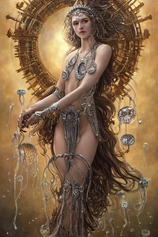 Image similar to a centered render of a wild post apocalyptic goddess with wearing ornate silver and gemstones and crystal clothing surrounded by flowing liquid gallium jellyfish and sacred geometry, perfect body and face, gorgeous, cinematic, beautifully lit, by artgerm, by karol bak, by donato giancola, 3 d, trending on artstation, octane render, 8 k