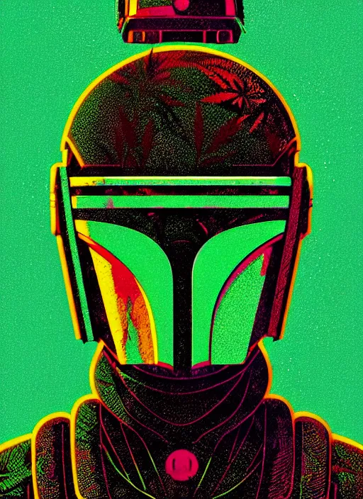 Image similar to ( ( dither ) ), cannabis editorial illustration portrait of mandalorian, modern art deco, colorful, ( ( mads berg ) ), christopher balaskas, victo ngai, rich grainy texture, detailed, dynamic composition, wide angle, moebius, matte print, linocut wood block print