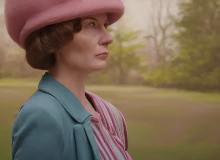 Image similar to cinematic mid shot of a high detail, refined woman's face looking off camera. fine facial features. she stands in an empty, pastel colourful 3 d, forrest scene, by jeffrey smart and gregory crewdson and edward hopper, inspired by the grand budapest hotel