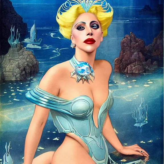 Image similar to lady gaga as princess kida the high queen of ancient atlantis, a beautiful art nouveau portrait by gil elvgren, beautiful underwater city environment, centered composition, defined features, golden ratio, silver jewelry, stars in her gazing eyes