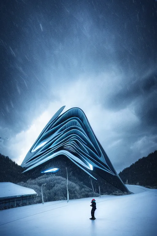 Image similar to a futuristic scene in front of a zaha hadid building in the forrest of the french alps mountains in the style of chris moore, stormy weather with lightning, neon lightning, cinematic matte painting, extreme detail 8 k photo quality, dark moody colors, snowfall, featured on behance