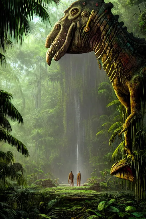 Prompt: a swampy tropical forest surprising a ancient mayan ruins with argentinosaurus walking around, tone mapped, shiny, intricate, cinematic lighting, highly detailed, digital painting, artstation, concept art, smooth, sharp focus, illustration, art by arthur haas and bruce pennington and john schoenherr