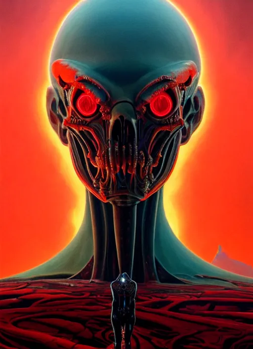 Prompt: full body painted epic portrait, red sentinel glowing eyes, biomechanical doom, matte painting concept art, midjourney, beautifully backlit, swirly vibrant color lines, fantastically gaudy, cinematic aesthetic octane render, 8 k hd resolution, by ilya kuvshinov, moebius and darius zawadzki and zdizslaw beksinski