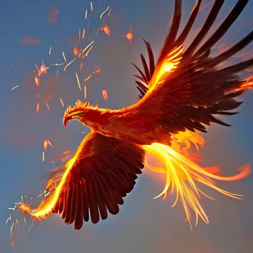 Prompt: a beautiful flaming steel phoenix flying directly up vertical with sparks following it