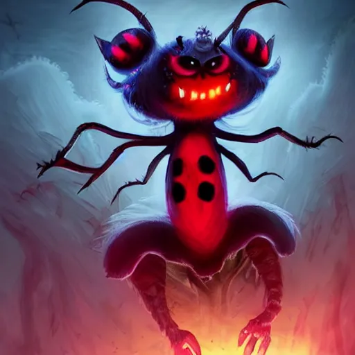 Image similar to ladybug as a monster, fantasy art style, scary atmosphere, nightmare - like dream, cinematic lighting