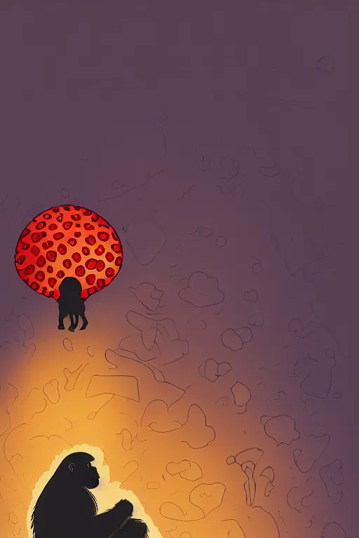 Prompt: gorilla at a concert holding a amanita muscaria, sunshine, by alba ballesta gonzalez and moebius. 4 k wallpaper, digital flat 2 d, japan animation, comic book, illustration, cinematic lighting, smooth sharp focus.