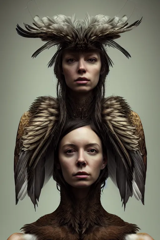 Image similar to epic professional digital portrait of attractive female human - eagle hybrid animal, wearing human air force jumpsuit, humanoid feathered head, eagle beak, by lisa roet, leesha hannigan, wayne haag, iris van herpen, artstation, cgsociety, epic, much wow, much detail, gorgeous, detailed, cinematic, masterpiece