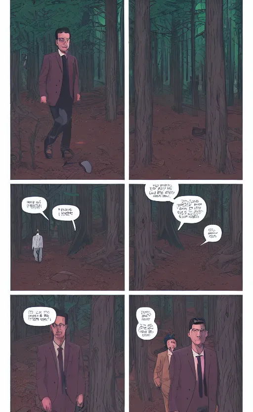 Image similar to Twin Peaks comic art splash page of Dale Cooper entering the portal in the woods by Tomer Hanuka