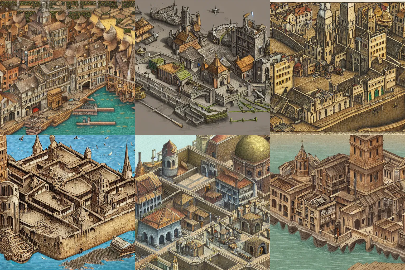 Prompt: isometric business distric of a medieval harbor city, digital art, perfect details, gothic design by Carlo Crivelli, finished concept art