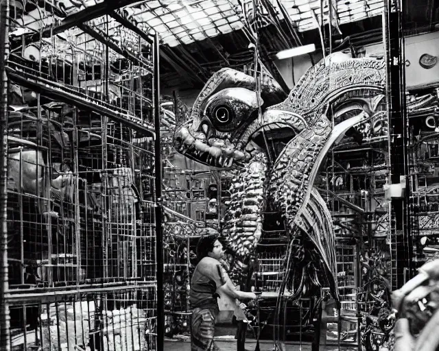 Prompt: scientists studying quetzalcoatl locked in a cage in a warehouse, 1 9 5 0's sci - fi, black and white, 8 k, highly ornate intricate details, extreme detail,