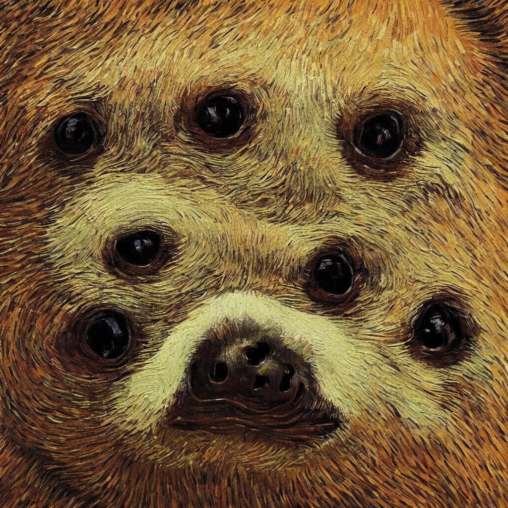 Image similar to a beautiful oil painting of a sloth's face in the style of van Gogh