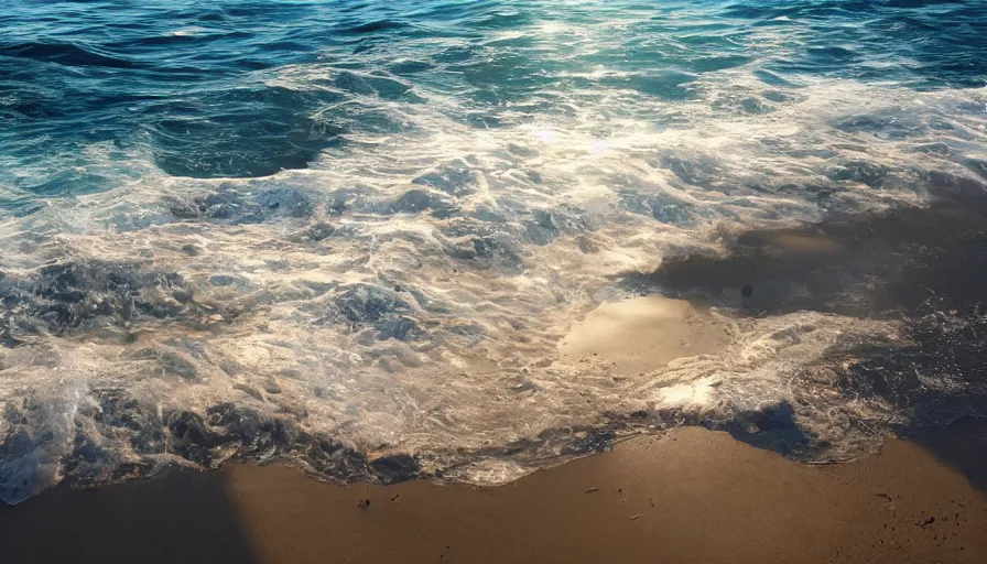 Prompt: beautiful crystal water sea with big waves, big sandy beach in the foreground, sun in the sky, hyperdetailed, artstation, cgsocitety, 8 k