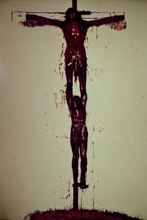 Image similar to bloody christ crucified on a very big mushroom painted in by cy twombly and andy warhol