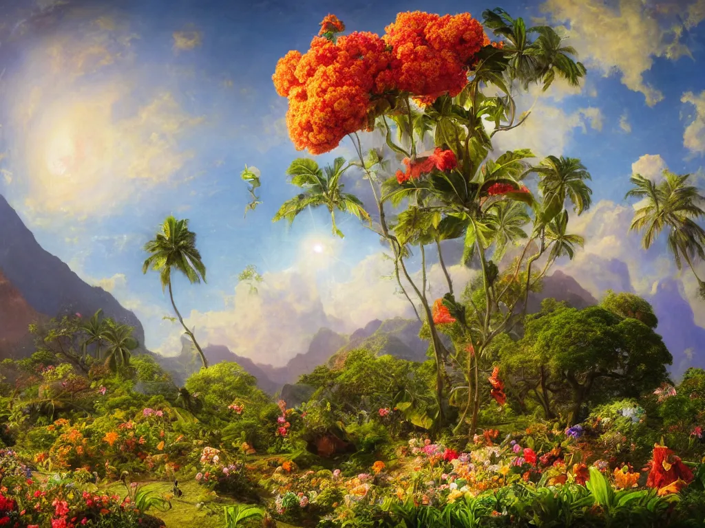 Prompt: kauai springtime, universe is a spheroid region 7 0 5 meters in diameter, sunlight study, art nouveau, by jan davidsz de heem and ( ( ( ( ( lisa frank ) ) ) ) ) and frederic edwin church, oil - painting, 3 d render, 8 k, extreme detail, sharp focus, octane render