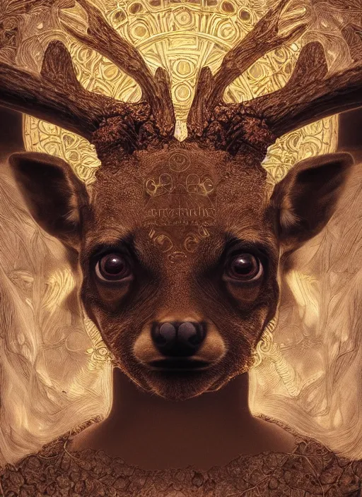 Image similar to deer chihuahua huge ominous glowing brown eyes staring into my soul, perfect eyes, soft pale golden skin, intricate stunning highly detailed, Agostino Arrivabene, Tomasz Strzalkowski, twisted bright lucid dream, 8k portrait render, swirling thick smoke , beautiful lighting, art nouveau, Alphonse Mucha, cgsociety