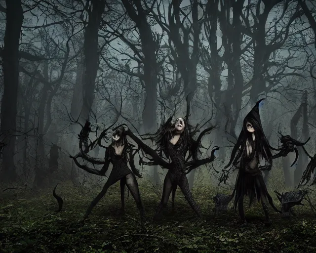 Image similar to the scariest witches surrounded by horror creatures in the scariest dark forest, epic scene, dark, scary, horror, frightening, fantasy, cinematic, redshift render, cgi, hyper - detailed, photo - bash, 8 k post - production, masterpiece