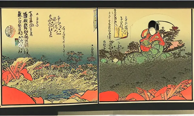 Prompt: garfield in the style of utagawa hiroshige, japanese woodblock, classical japanese art, traditional japanese art, highly detailed, beautiful colors, award winning, dark, gritty, ink and watercolor